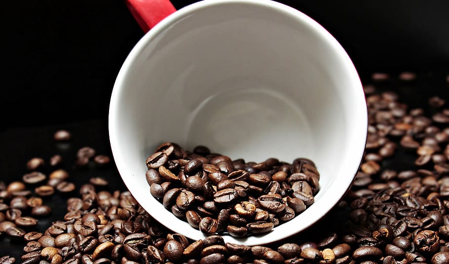 white and red ceramic mug surrounded by coffee beans, coffee cup HD wallpaper