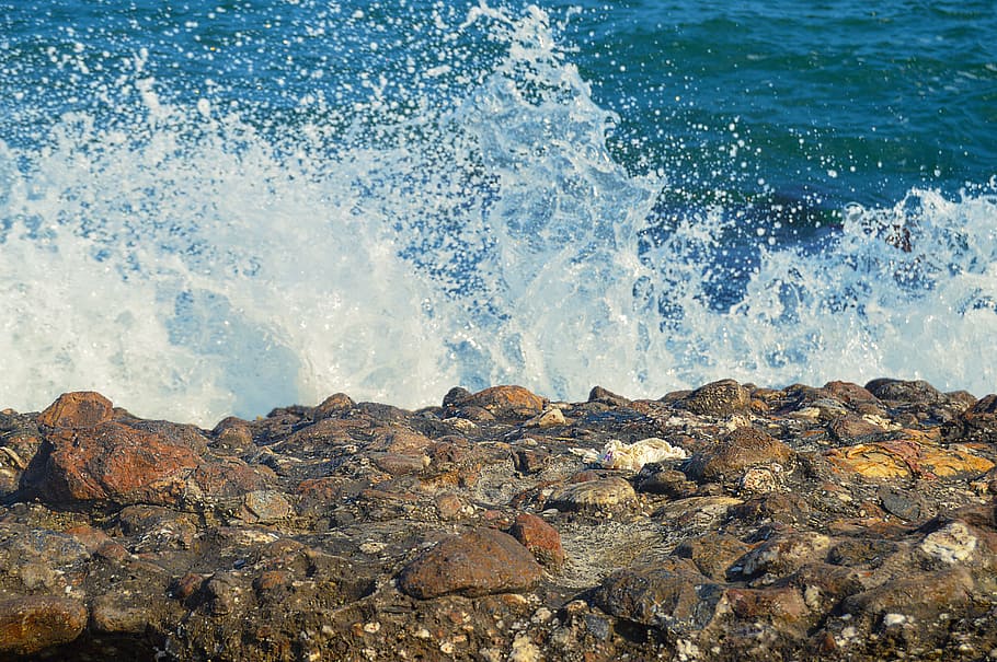 splash, sea, wave, blue, foam, breakwater, rocks, solid, rock - object HD wallpaper