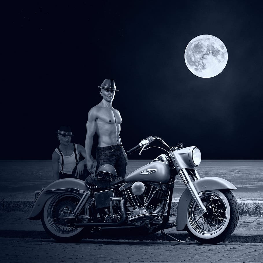 motorcycle, harley, harley davidson, moonlight, full moon, nightlife HD wallpaper