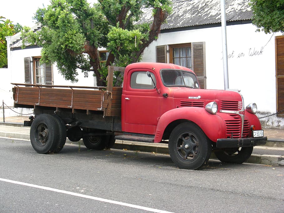 vintage red delivery truck on road side, oldtimer, old car HD wallpaper