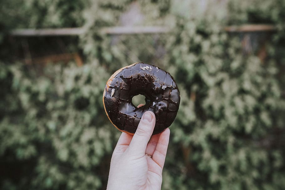 person holding doughnut with chocolate, person holding chocolate doughnut HD wallpaper