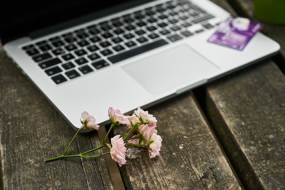 gray and black laptop computer, flower, romantic, credit card HD wallpaper
