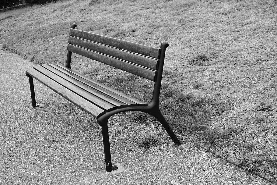 public bench, park, garden, sitting, based, black and white, HD wallpaper