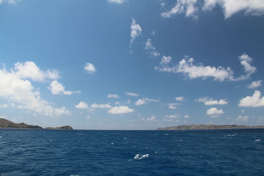 sky, clouds, blue, water, sea, ocean, island, empty, bright HD wallpaper