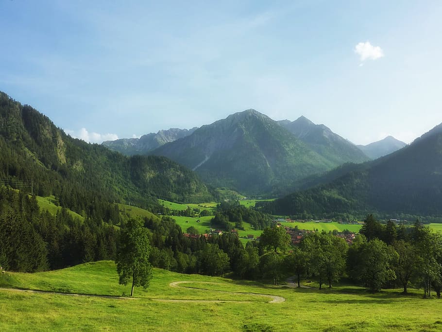 landscape photo of green trees near mountains, bavaria, germany, HD wallpaper