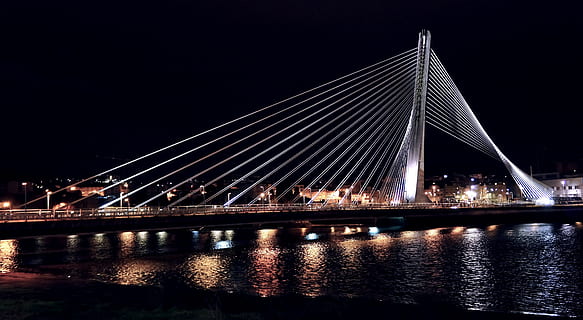 River, Water, Night, Dark, Light, Bridge, modern, architecture HD wallpaper