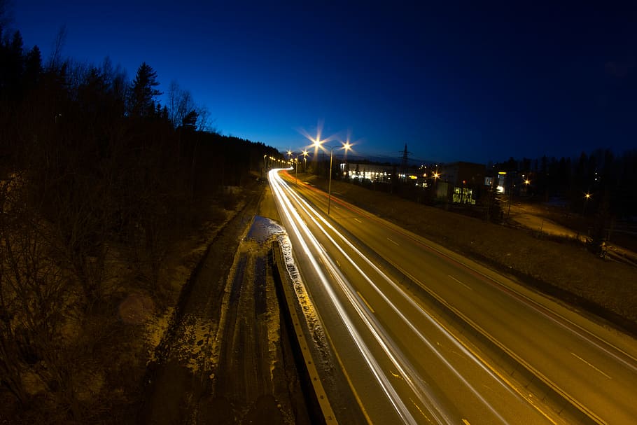 light rails, evening, stemini, night, norway, illuminated, light trail HD wallpaper