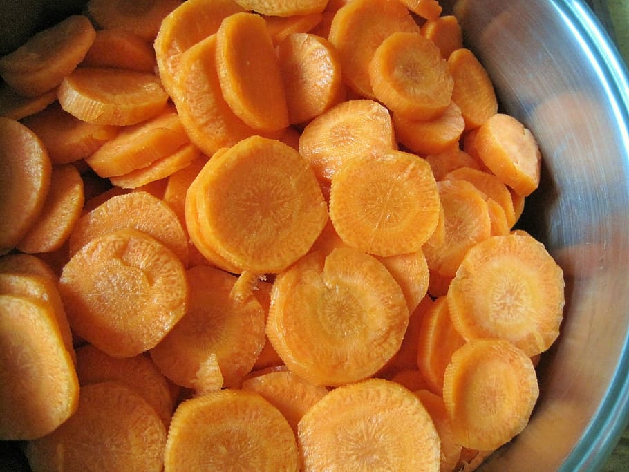 pot, carrots, disks, vegetable, orange, cook, food, food and drink HD wallpaper