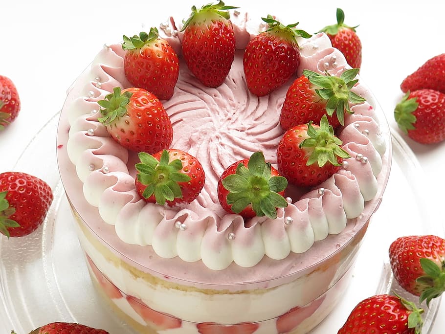 dessert, strawberry, cake, cream, snack, fruit, sugar, delicious, HD wallpaper