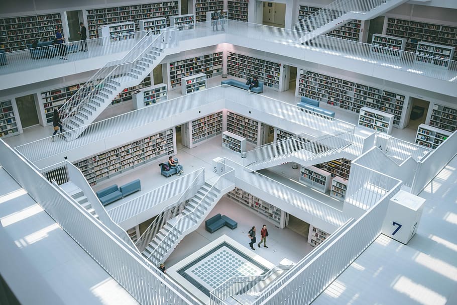 people walking inside library, white stairs, stuttgart, book
