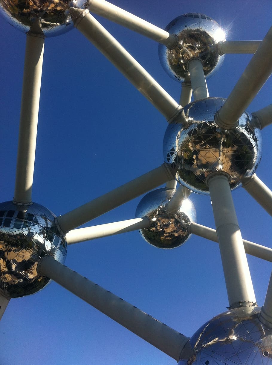 brussels, atomium, detail, low angle view, blue, sky, metal HD wallpaper