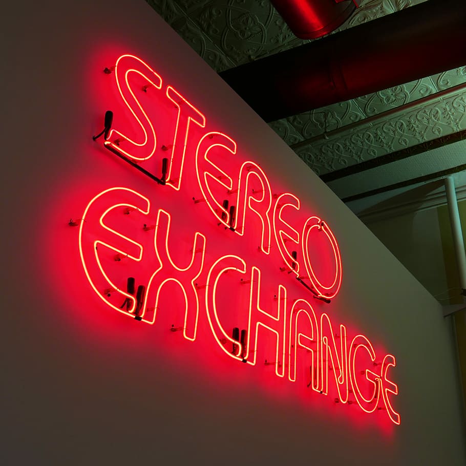 Stereo Exchange LED pub signage on white painted concrete wall, Stereo exchange neon light signage