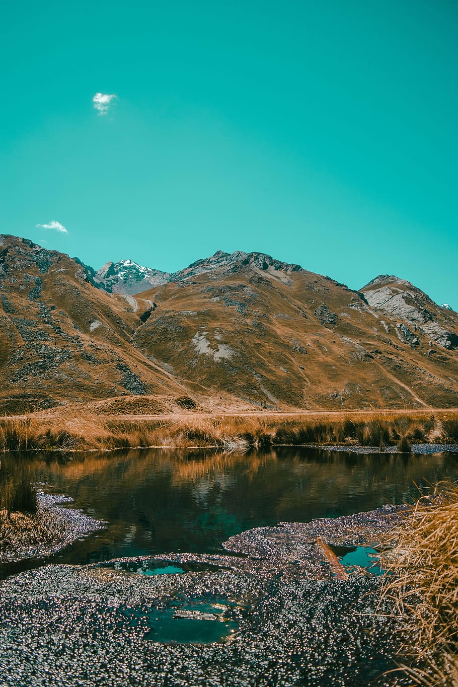 landscape photography of mountain, lake and grass covered mountains during day, HD wallpaper