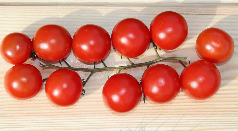 close-up photo of tomatoes, eating, a vegetable, sprig, red HD wallpaper