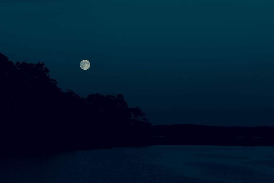 moon photography, black, blue, gray, night, water, nature, sea HD wallpaper