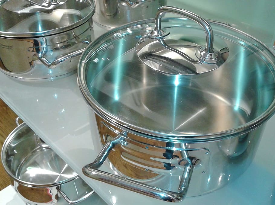 photo of stainless steel container with lid, cooking pot, boiler