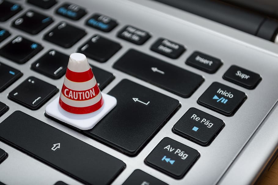 traffic cone miniature on laptop keyboard keys, caution, of control HD wallpaper