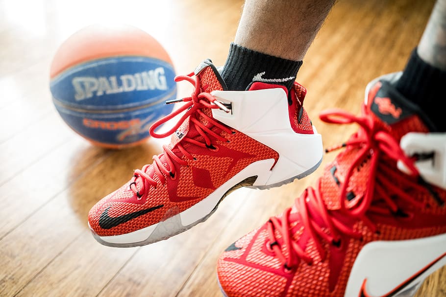 red-and-white Nike basketball shoes, lebron, spalding, nikeshoes, HD wallpaper