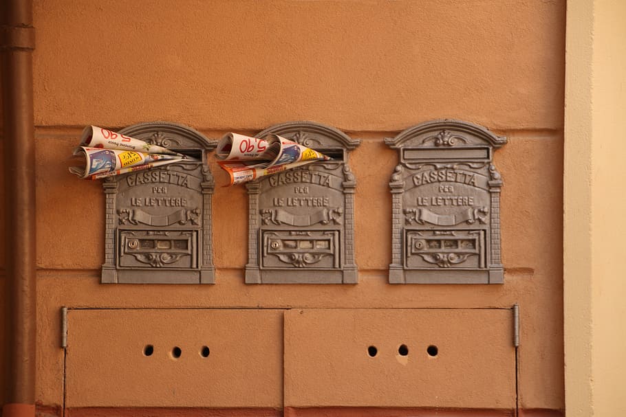 three antique gray mailboxes, italy, newspaper, no people, wall - building feature HD wallpaper