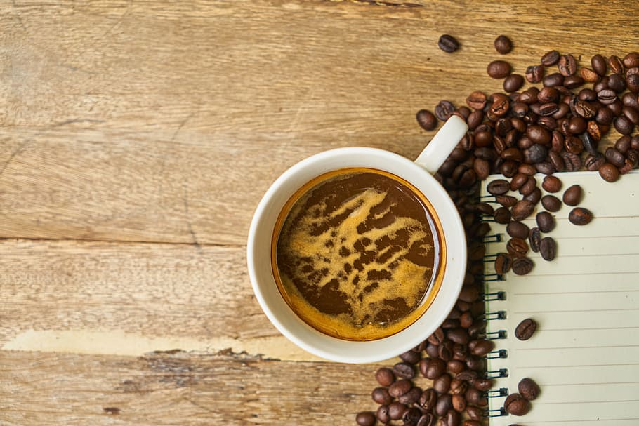 photo of white ceramic mug beside coffee beans, beverage, core HD wallpaper
