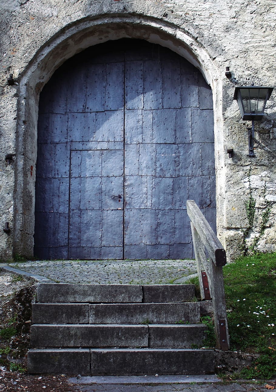 staircase in front of blue wooden door, goal, input, metal HD wallpaper
