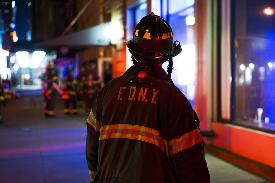 fire, night, fire fighter, illuminated, protection, security HD wallpaper