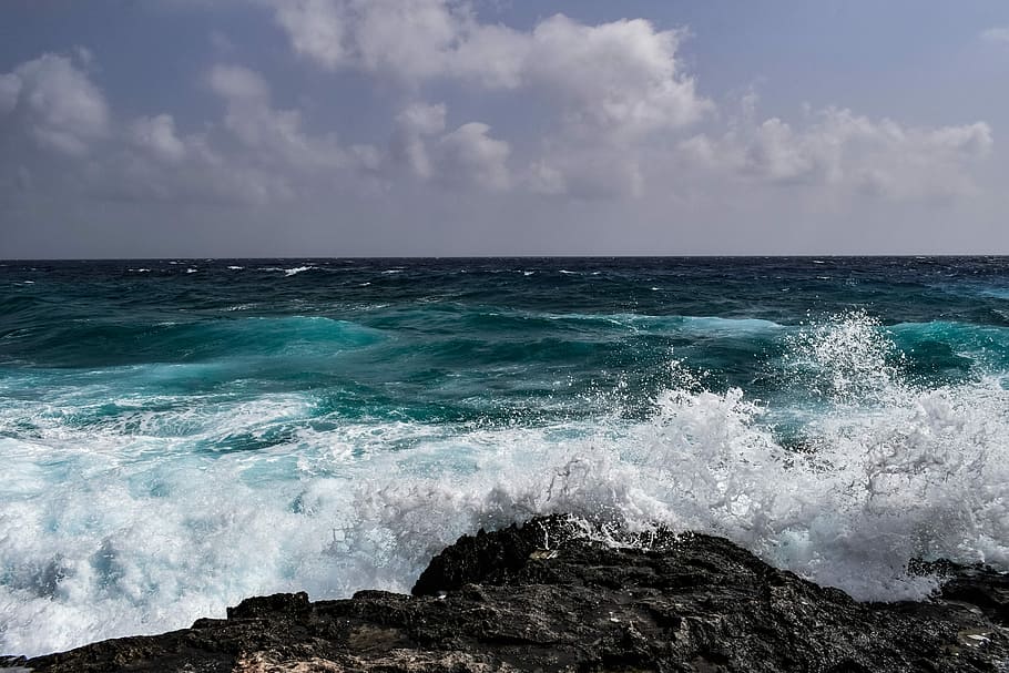body of water, waves, splash, wind, spray, foam, sky, clouds HD wallpaper