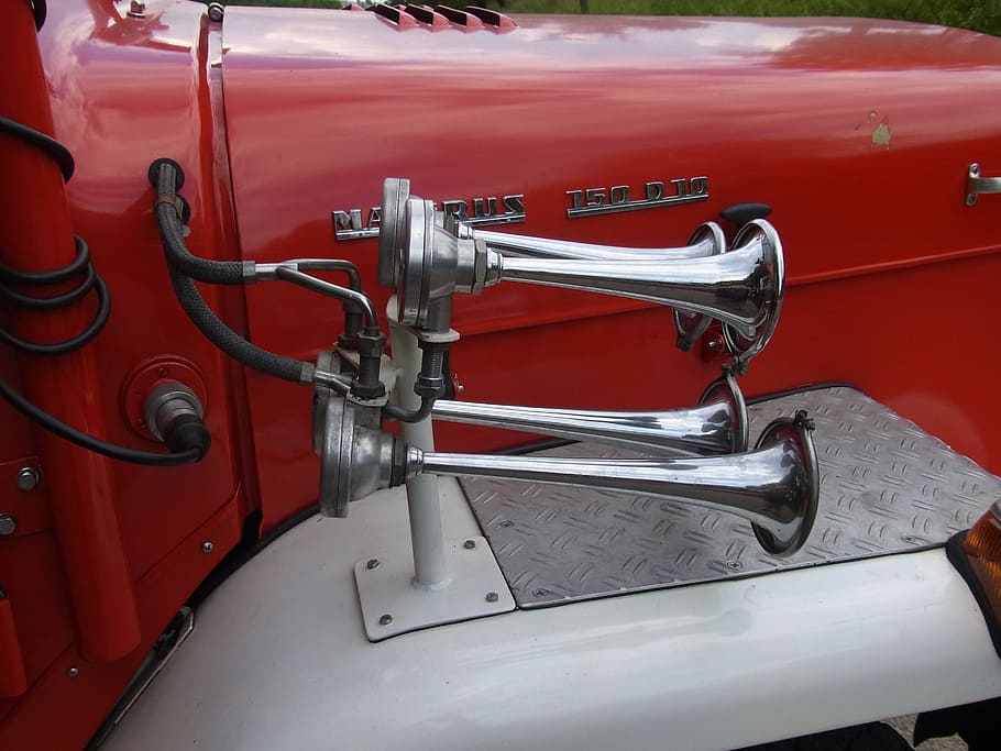 auto, oldtimer, fire, red, horn, signal, fire truck, metal HD wallpaper
