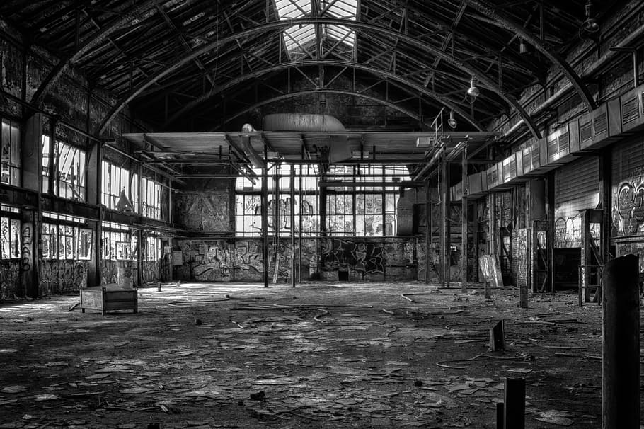 grayscale photography of abandoned building, lost places, black and white, HD wallpaper