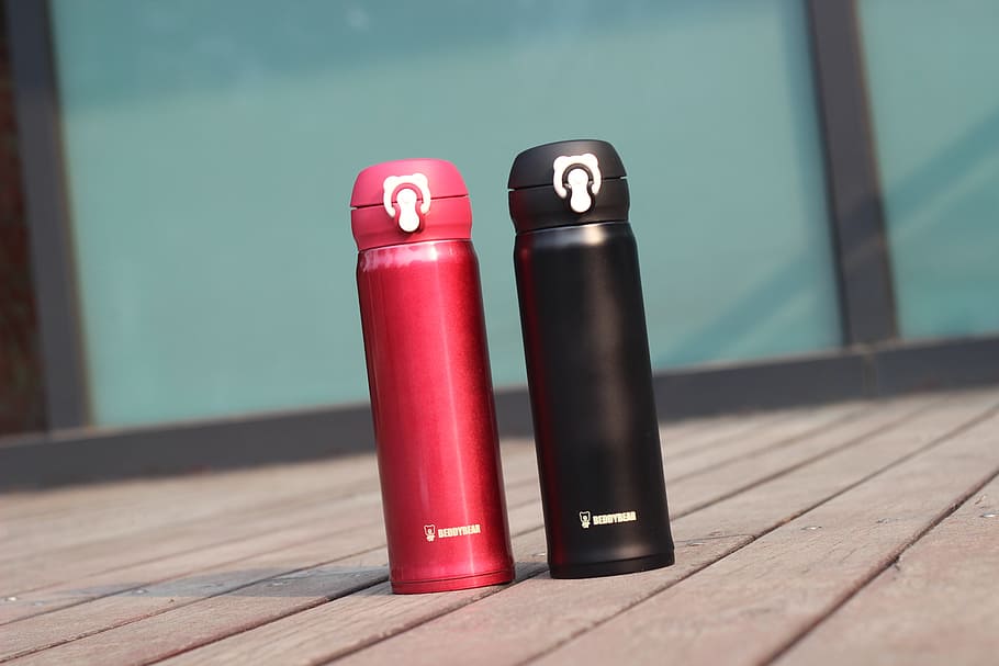 vacuum flask, red, black, wood - material, table, day, indoors HD wallpaper