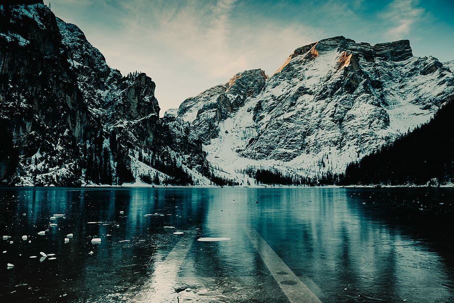 body of water near snow mountain, white glacier mountain during day time HD wallpaper