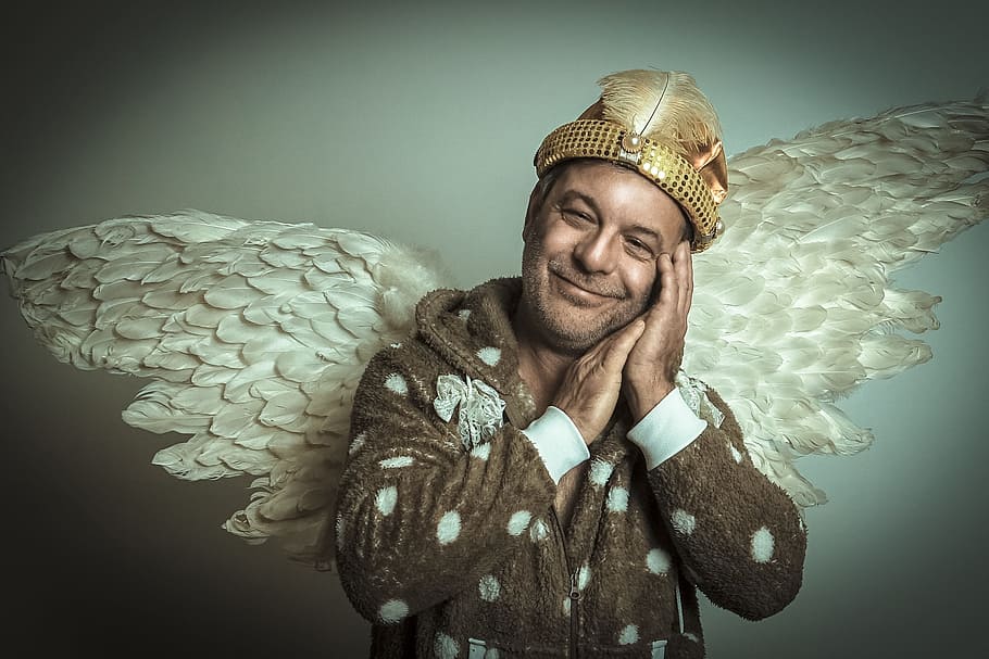 man wearing wings costume, sleep, feather, birds, christmas photo HD wallpaper