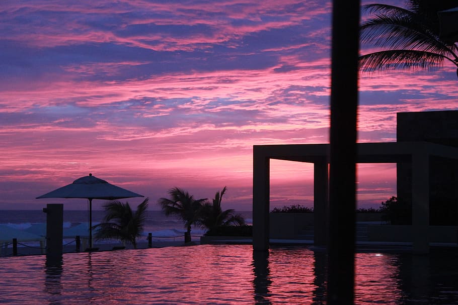 infinity pool overlooking blue umbrella and coconut palm trees under white cloudy skies at golden hour HD wallpaper