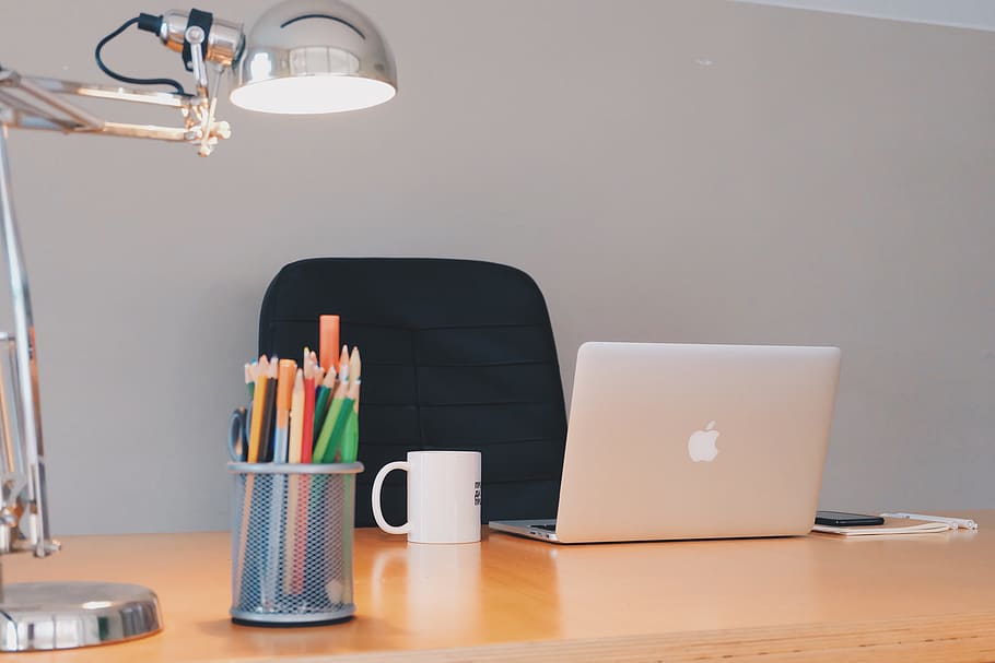 gray MacBook, desk, office, business, work, computer, table HD wallpaper