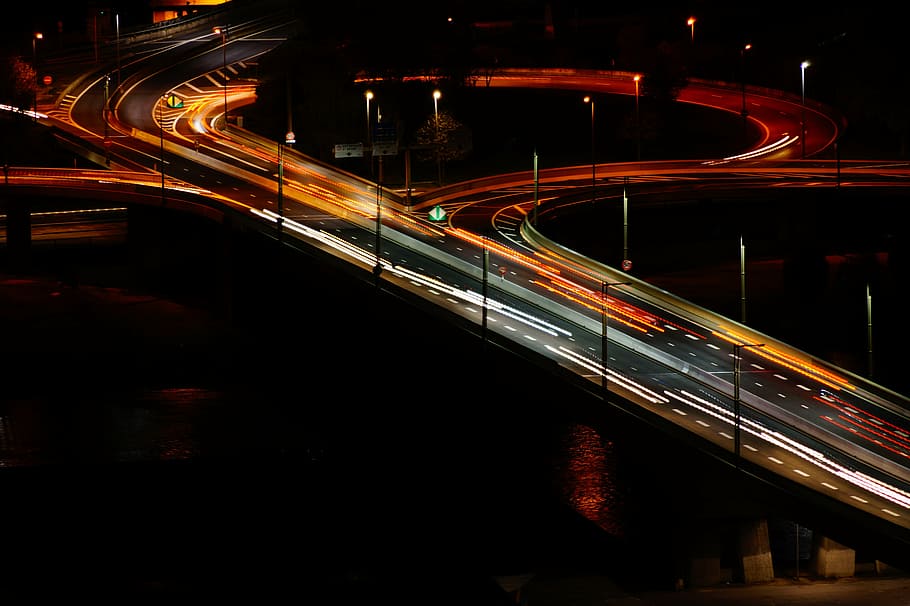 time lapse photography of road during nighttime, highway, lighthouse HD wallpaper