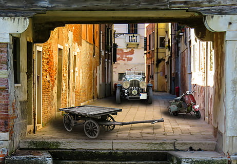brown cart, architecture, vehicles, building, auto, old, automotive HD wallpaper
