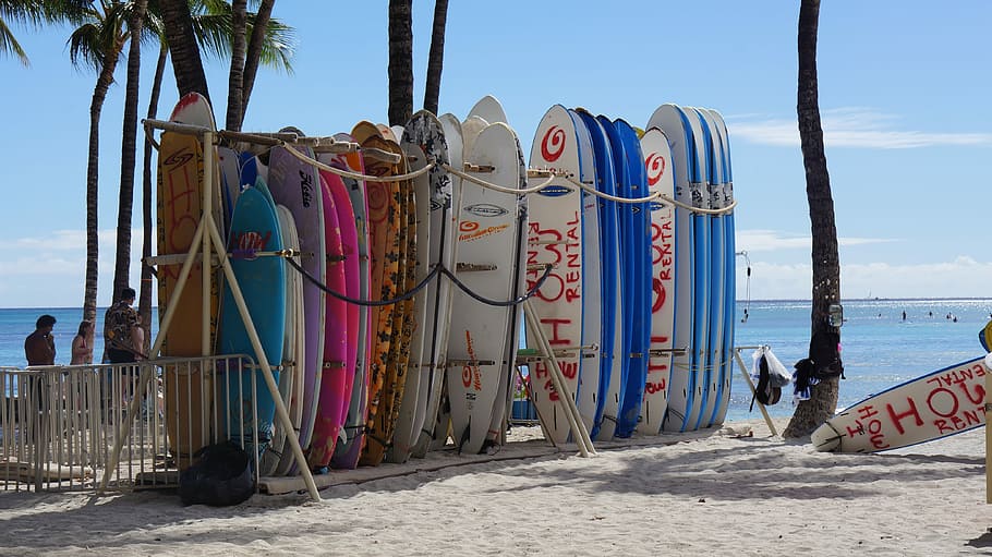 assorted-color surfboards piled on shore, beach, sand, sea HD wallpaper