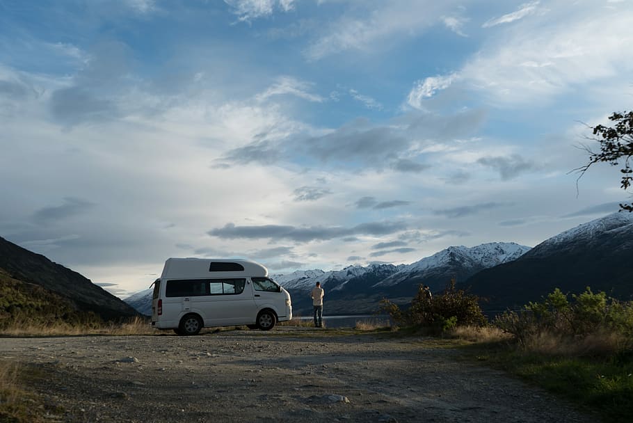 person standing beside van outdoor, campervan, holiday, vacation, HD wallpaper