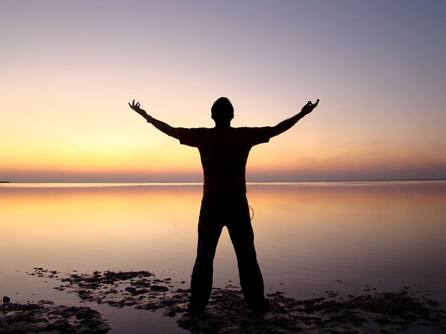 man's silhouette on a lake, beach, horizon, ocean, person, sea HD wallpaper