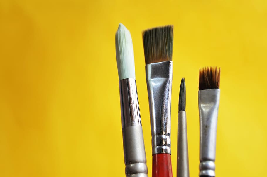 four assorted-color paint brushes, art, design, style, stroke HD wallpaper