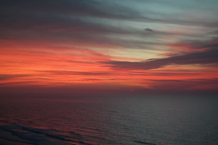 Sunset, Ocean, Horizon, Dusk, sky, scene, coast, beach, water HD wallpaper