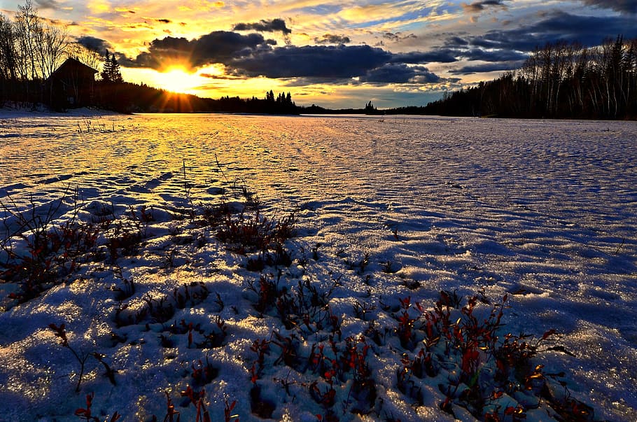 winter landscape, sunset, snow, clouds, sky, cold, nature, colors HD wallpaper