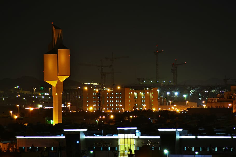night, view, jeddah, illuminated, architecture, building exterior HD wallpaper