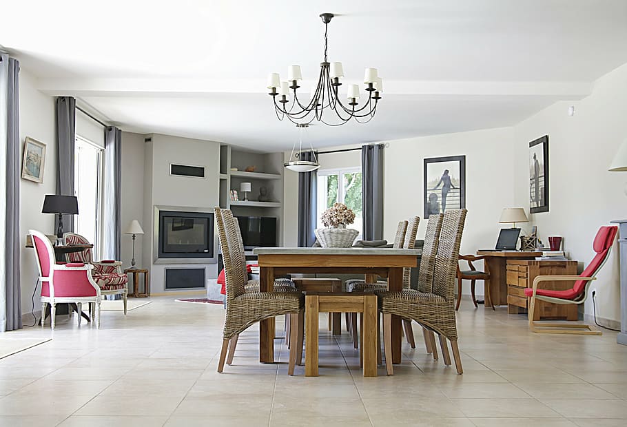 photography of brown wooden dining table with chairs, living room, HD wallpaper