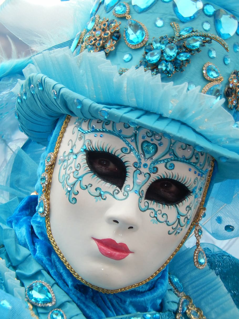 person wearing white and blue face mask, carnival, venice - Italy, HD wallpaper