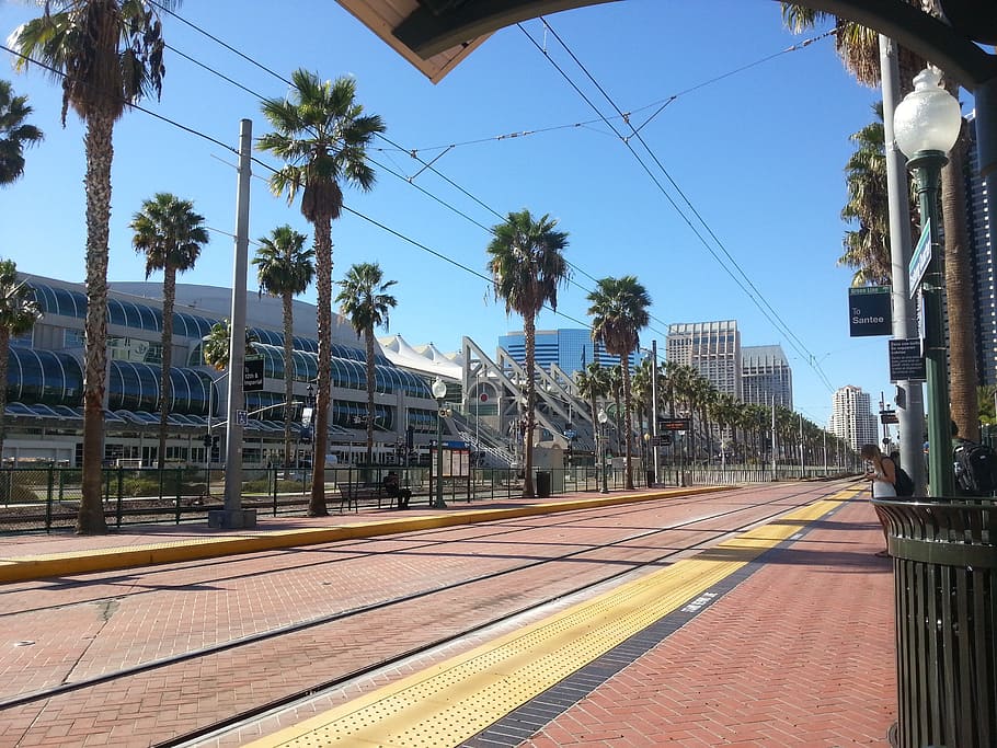 building, train, train station, palm, sunshine, blue, weather HD wallpaper