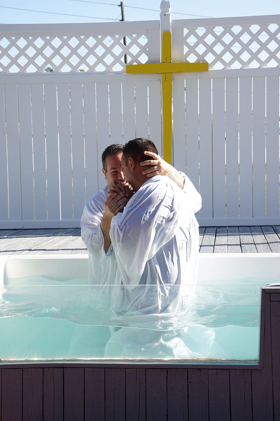 two men standing on pool near yellow cross, Man, Baptism, Religion