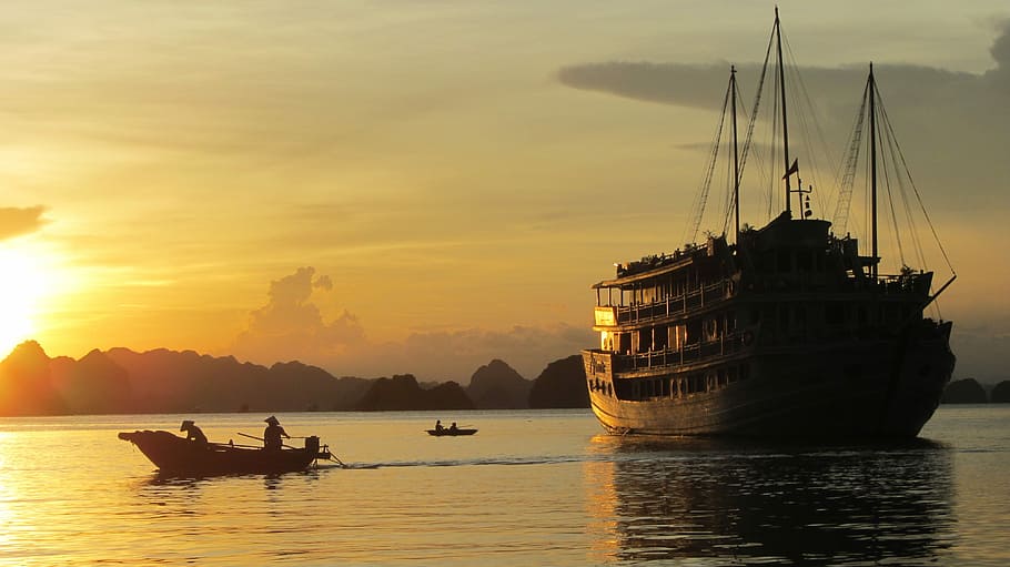 waters, sunset, dawn, ship, sea, vietnam, nautical vessel, transportation HD wallpaper