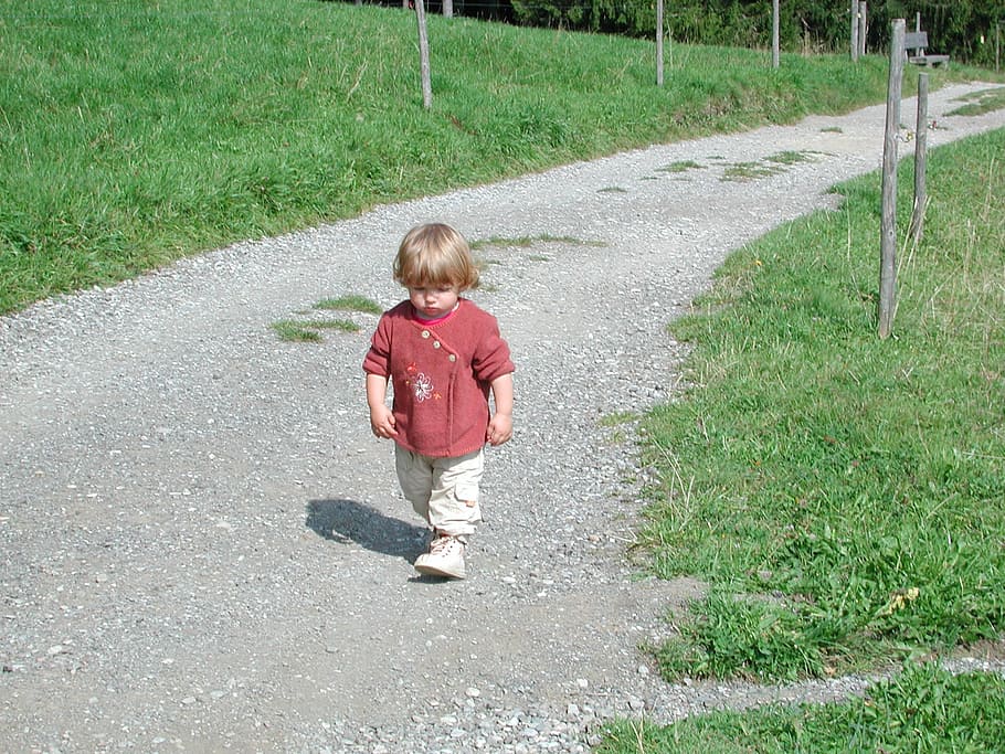 toddler wearing red top standing on pathway, away, child, human nature