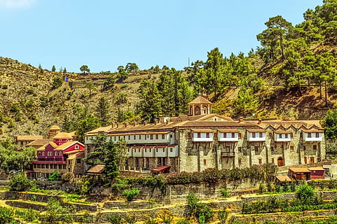 aerial view of yellow concrete building, monastery, religion HD wallpaper